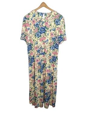 Floral Short-Sleeve Midi Dress in Yellow with Blue & Pink Flowers